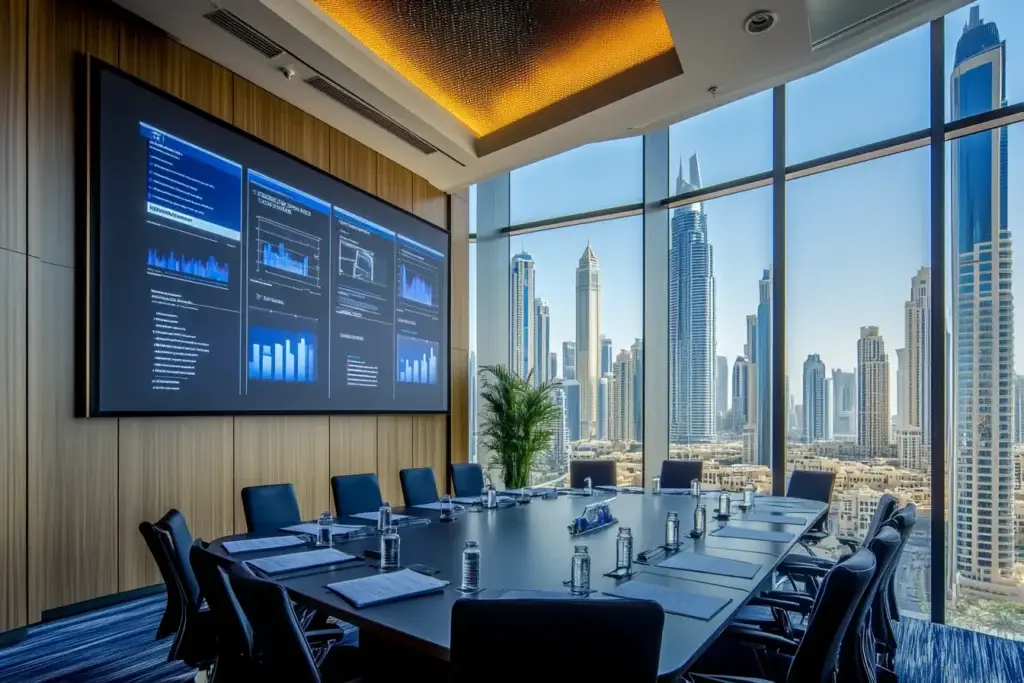 Boardroom with Abu Dhabi skyline views at Aegis Coworking business centre in ADGM