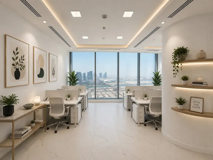 Hot desk and flexi desk coworking area at Aegis Coworking, Addax Tower ADGM